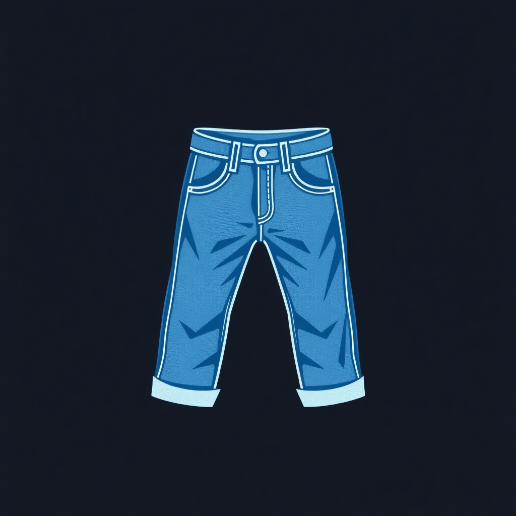 The image is a graphic illustration of a pair of blue jeans. The jeans are shown from the waist down, with the front and back of the pants facing towards the viewer. The waistband is adjustable with a belt loop and there are two pockets on the sides. The legs of the jeans are slightly tapered and have a slightly flared fit. The background is black, making the blue jeans stand out. The overall design is simple and minimalistic.