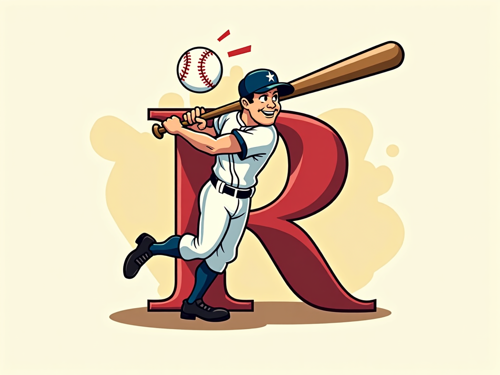 Simple Logo Idea: A dynamic 'Babe Ruth' logotype or 'BR' monogram where letters are creatively integrated with a cartoonish, powerful bat swing and a soaring baseball, capturing a classic yet energetic feel suitable for branding.