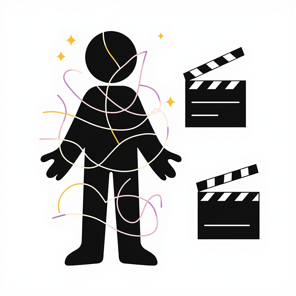 Simple Logo Idea: Abstract representation of a character's silhouette formed by intersecting lines mimicking AI pathways, placed next to a film clapperboard symbol.