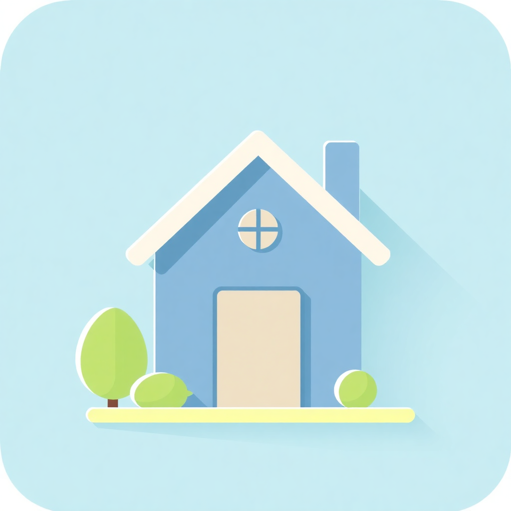 The image is an illustration of a small blue house with a white roof and a chimney. The house has a small window on the front and a door in the center. There are two green trees on either side of the house, one on the left and one in the middle. The background is a light blue color. The overall design is simple and minimalistic.