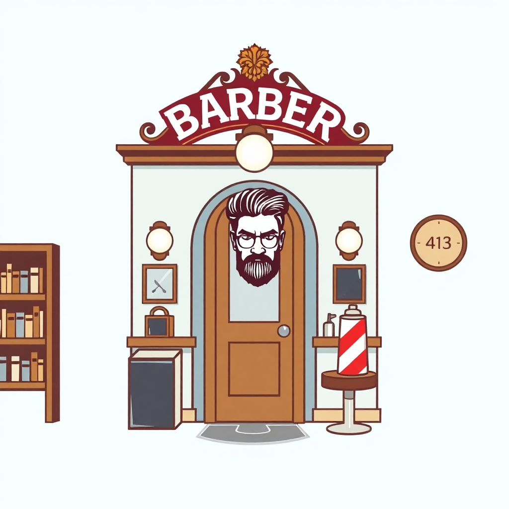 The image is an illustration of a barber shop. The shop has a wooden door with a red and gold sign above it that reads Barber. Below the door, there is a man with a beard and mustache, wearing glasses and a suit. He is standing in front of the door with his hands in his pockets. On the right side of the image, there are shelves with books and a clock with the number 413 on it. The overall style of the illustration is vintage and cartoon-like.