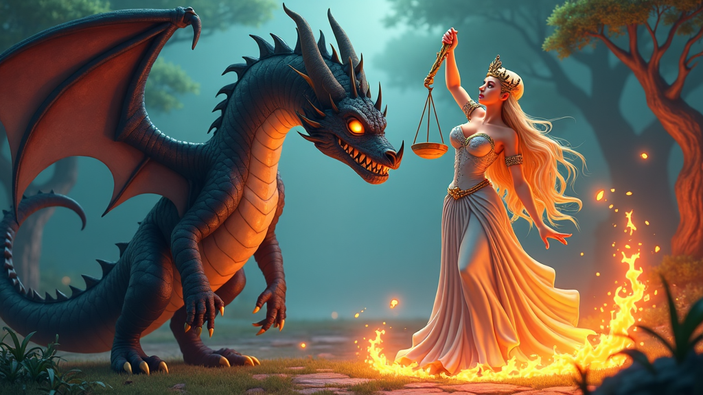 A fantasy-themed cartoon of Lady Justice battling a dragon labeled 'Injustice', her scales on fire symbolizing the intensity and fervor of her eternal struggle.