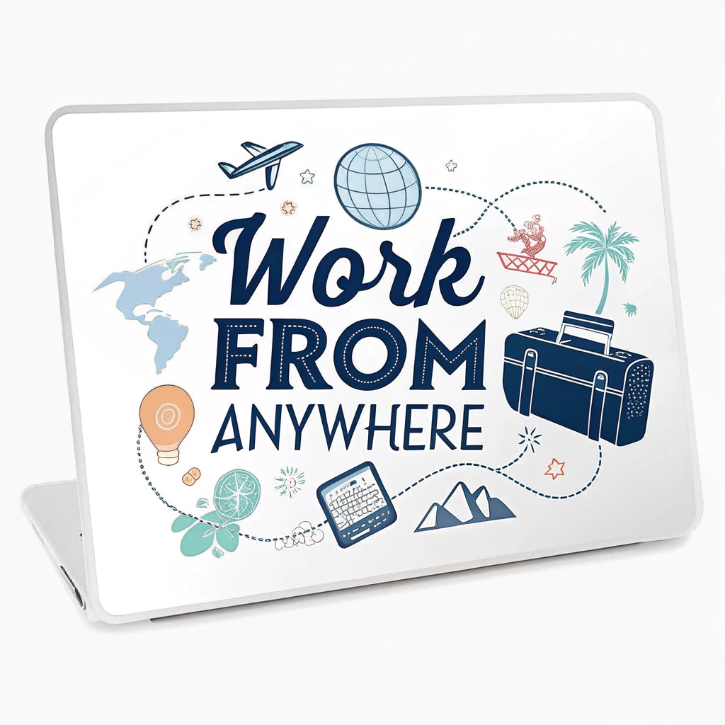 Laptop with a sticker saying 'Work From Anywhere' and travel-themed icons around it.