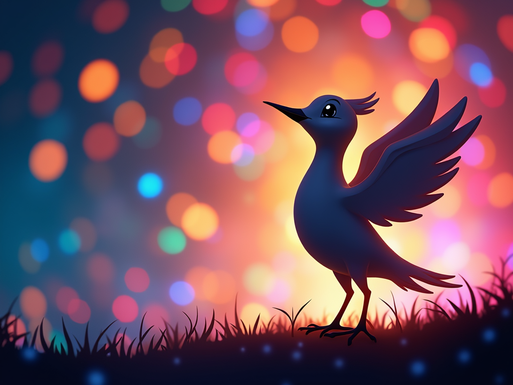 The bird's silhouette is cut out from a background of rainbow colored light or bokeh.