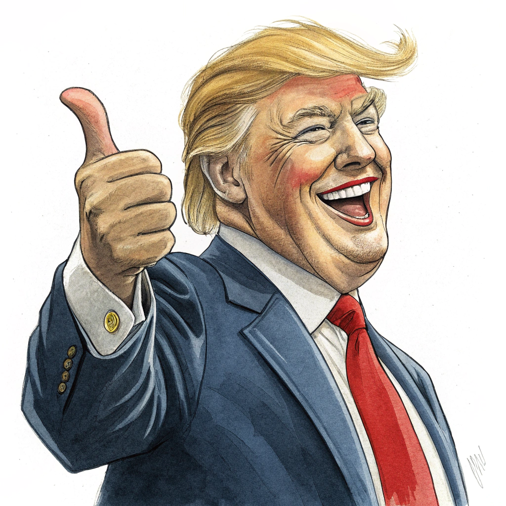 A sticker featuring a stylized, cartoonish portrait of Donald Trump with a thumbs-up gesture.