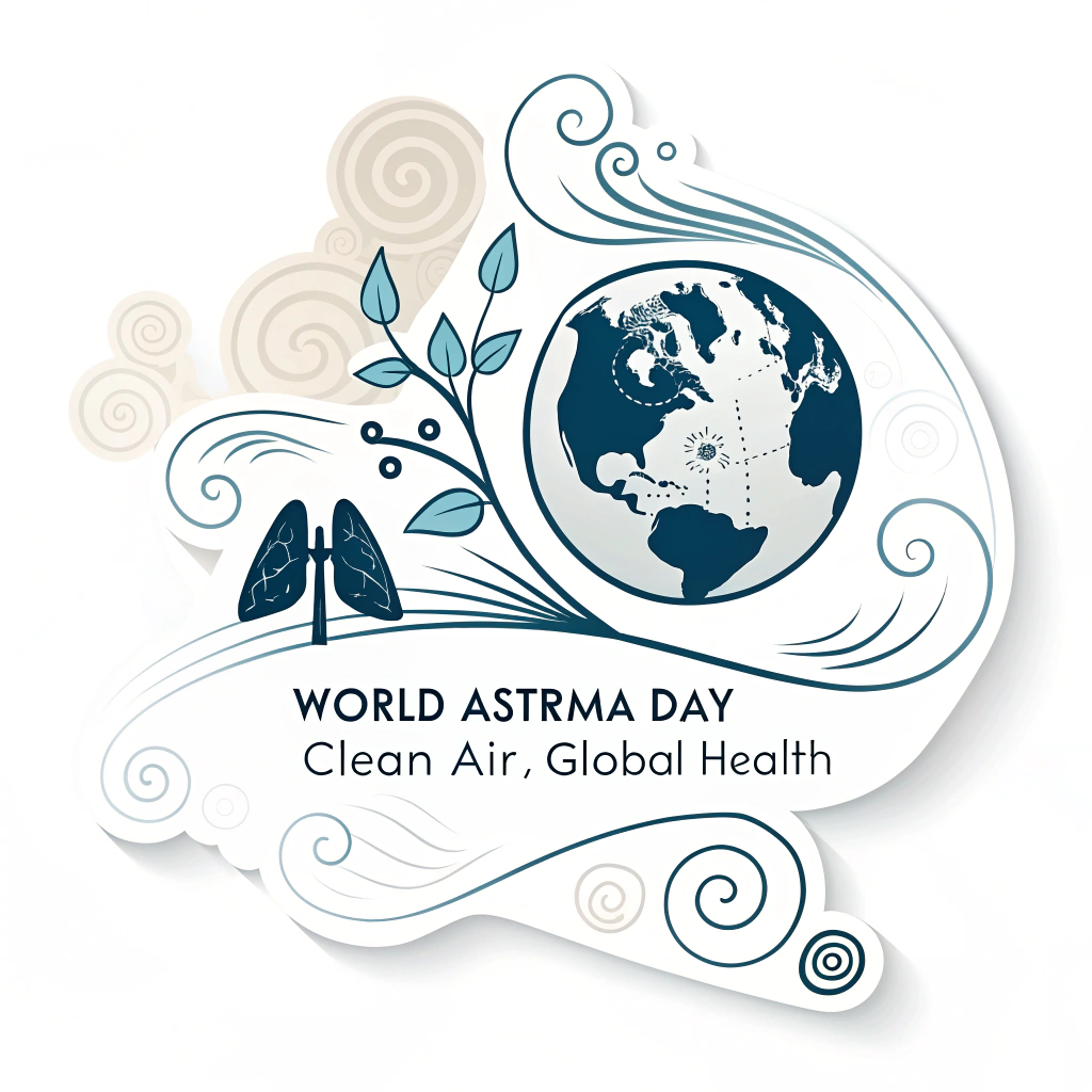 Sub-design idea 3 for WAD sticker: A clean design featuring a minimalist globe with elegant wind swirls indicating clean air flow, subtly incorporating small lung icons, and the message 'World Asthma Day - Clean Air, Global Health'.