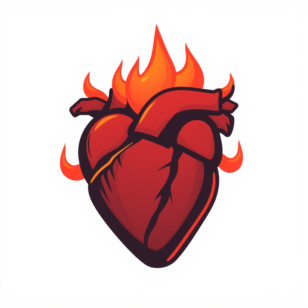 A anatomical heart with stylized flames wrapping around it, representing a vital and burning love.