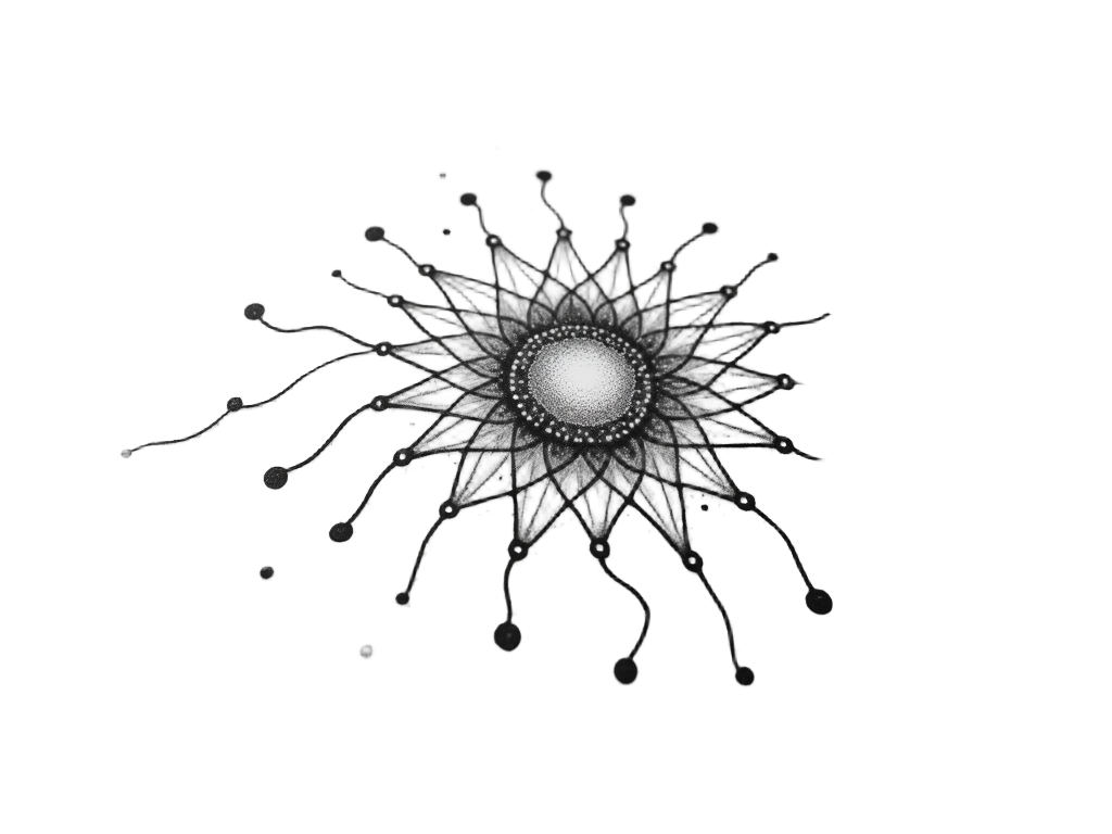 A design using negative space and subtle dotwork or linework to depict interconnected nodes and pathways that seem to phase in and out of clear definition, representing the fluid, elusive, and perhaps quantum nature of a distributed AI consciousness.