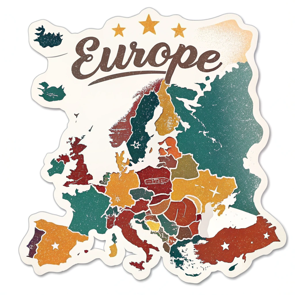 A retro-style sticker depicting a map of Europe with vibrant colors and vintage fonts, emphasizing historical achievements and cultural diversity under the slogan.