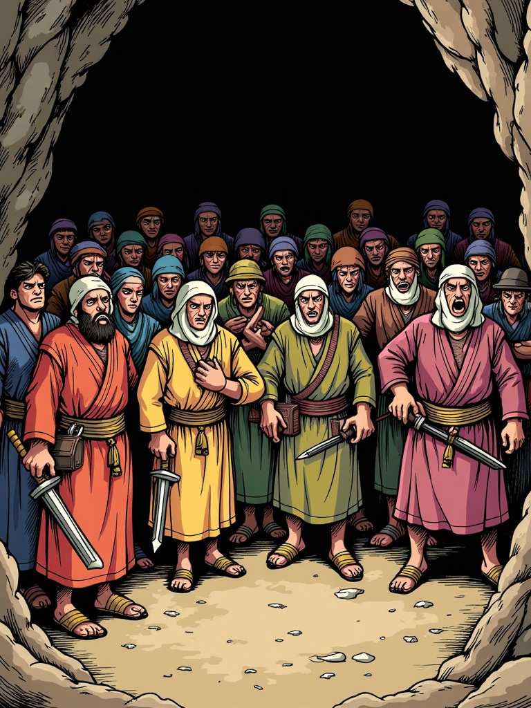 The Forty Thieves returning to their plundered cave, their expressions a mix of shock and fury. Ali Baba is absent, but the scene depicts the immediate aftermath of his actions and the 'confrontation' with the consequences.