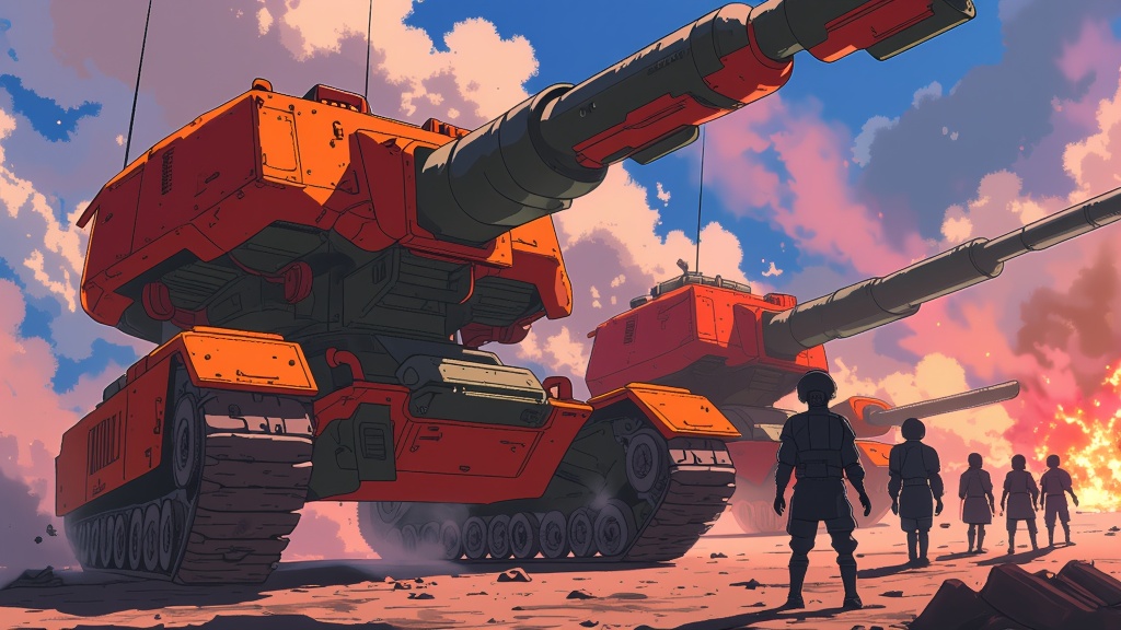 The mechanized tanks and weapons of the Fire Nation Army, casting long shadows illustrating their threat and relentless pursuit.