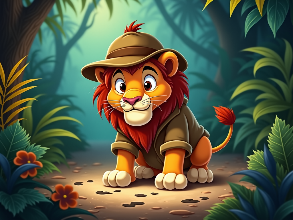 A lion detective solving a mystery in a jungle setting, with clues like footprints and hidden objects.