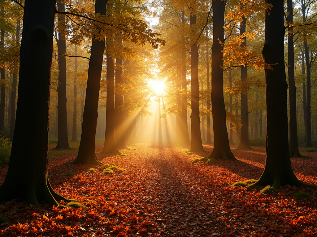 Golden sunrise filters through a dense forest, casting long shadows on a leaf-laden path.