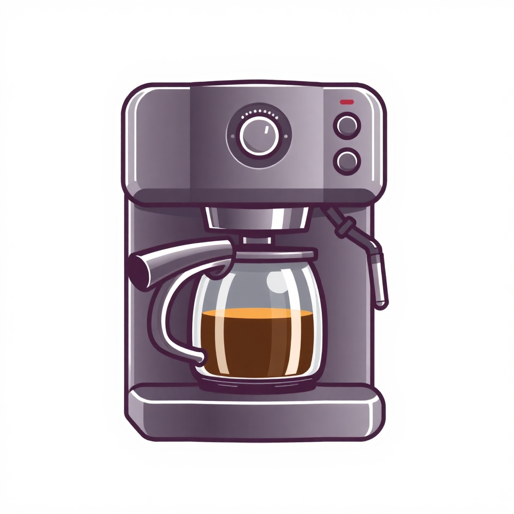 The image is a digital illustration of a coffee machine. It is a modern and sleek design with a silver body and a black base. The top of the machine has a control panel with two knobs and a power button. On the right side, there is a glass carafe with a handle and a spout. The carafe is filled with a dark brown liquid, which appears to be freshly brewed coffee. The background is white, making the machine stand out.