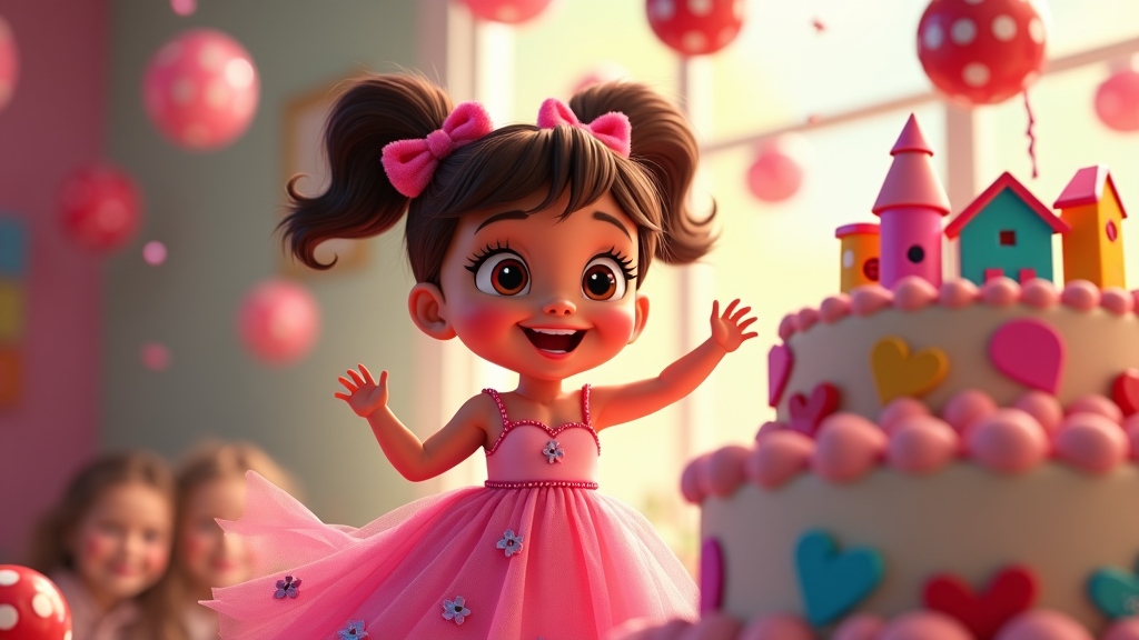 In a chirpy children’s birthday party setup, a girl dressed in a pink, custom Monopoly-inspired dress catches the eye. Around her spreads a Monopoly-themed cake, icing fashioned to resemble properties and colorful balloons shaped like dice, ensuring a delightful celebration combining childhood favorites.