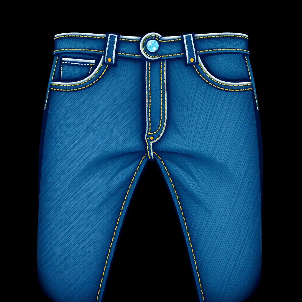 The image is a digital illustration of a pair of blue jeans. The jeans are shown from the waist down, with the front and back of the jeans visible. The waistband is made of a blue fabric with a silver buckle and two pockets on either side. The pockets are decorated with yellow stitching. The background is black, making the blue jeans stand out. The image has a 3D effect, giving it a realistic look.