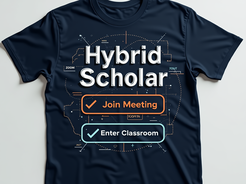 Interactive Elements: Design elements that mimic a user interface. For 'Zoom In,' perhaps a 'Join Meeting' button graphic. For 'Walk In,' an 'Enter Classroom' style arrow or graphic. 'Hybrid Scholar' text as the main title. The design could feature clean lines and modern colors representing technology and learning.
