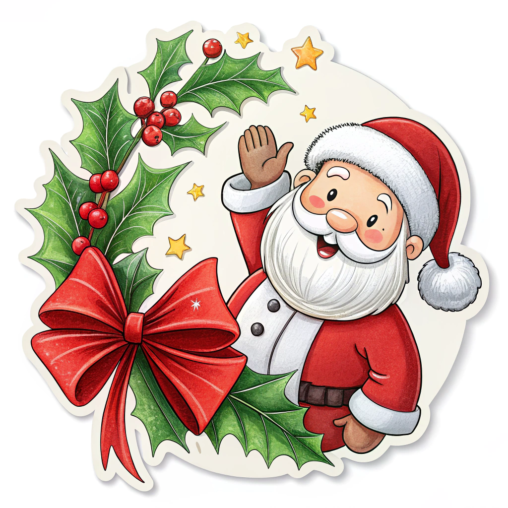 The image shows a cartoon Santa Claus with holly leaves and a red bow, waving to the viewer. He is wearing a traditional red and white suit with a black belt and boots, and a white beard and moustache. He has a jolly expression on his face and is surrounded by a festive wreath of holly and berries. The background is a bright white, making the colors of the image stand out.