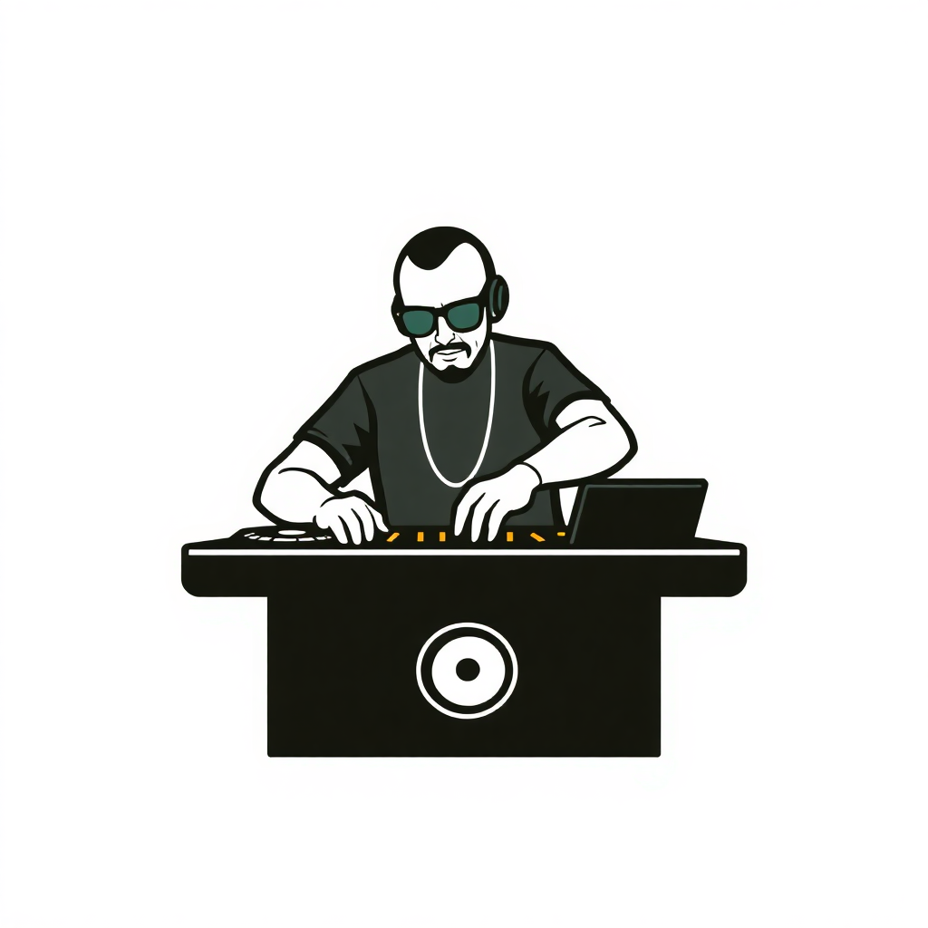 The image is a black and white illustration of a DJ playing music on a turntable. The DJ is wearing a black t-shirt, sunglasses, and a headset. He has a beard and mustache and is focused on the music he is playing. The turntables are black and have a circular design on the front. The background is white.