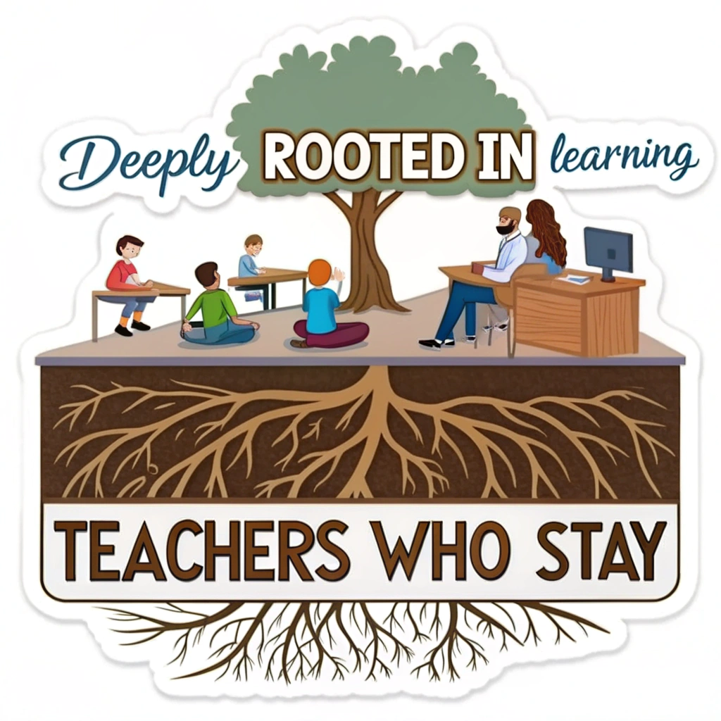 The 'Classroom Roots' Sticker: A cutaway view showing a classroom scene above ground, and below ground, strong roots extending from beneath the teacher's desk or the classroom itself. Text: 'Deeply Rooted in Learning - Teachers Who Stay.'