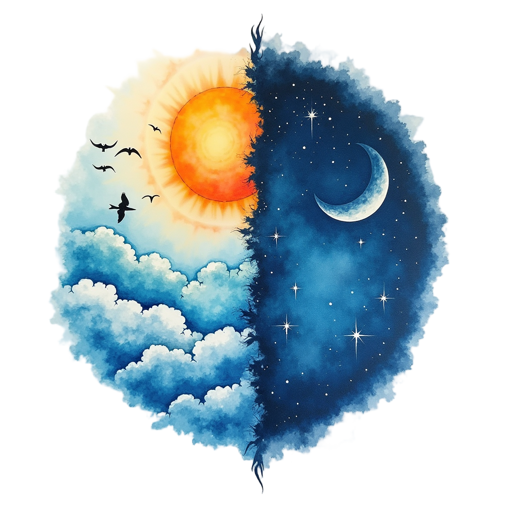 Two distinct yet related visual themes (e.g., day sky and night sky, or geometric forms like a circle and a square) seamlessly blended or overlaid with partial transparency, symbolizing coexisting realities.