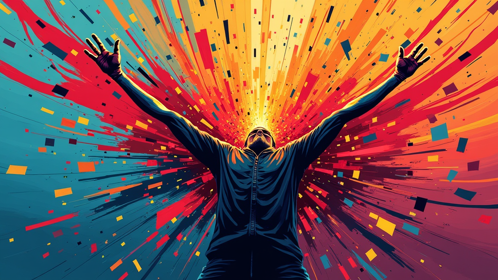 A chaotic explosion of bold geometric shapes and vibrant, clashing colors, symbolizing uninhibited self-expression. Think sharp angles, dynamic lines, and an energetic composition.