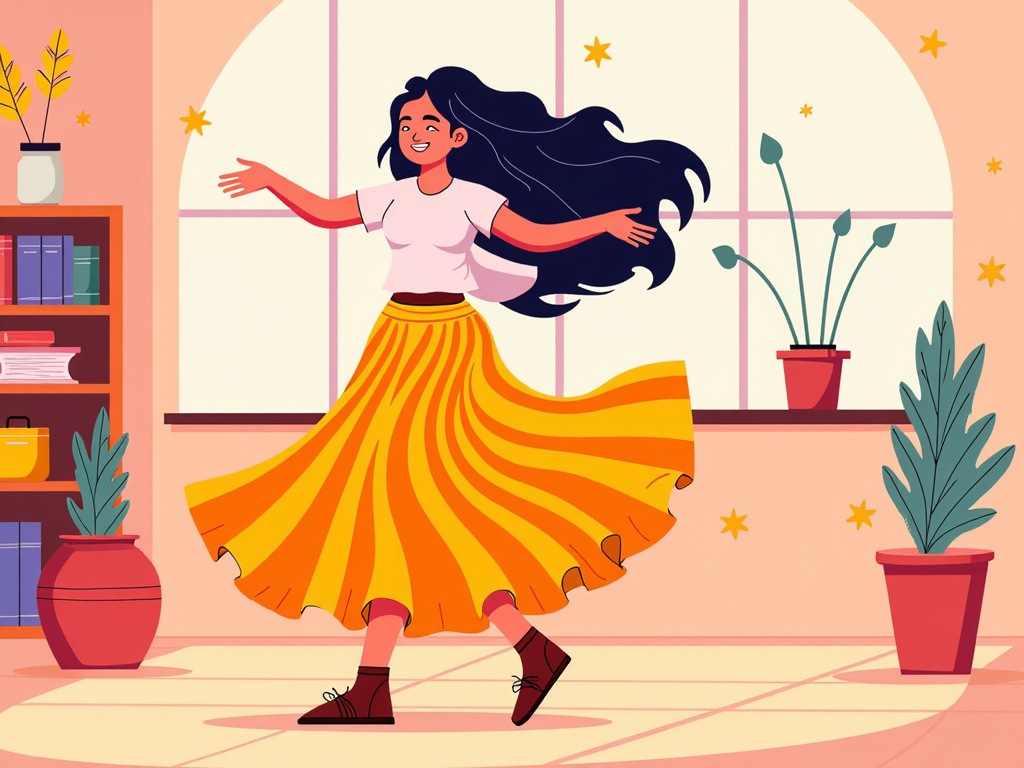  a young woman dancing in a room with pink walls and a large window. She is wearing a white t-shirt and a yellow skirt with a striped pattern. Her long black hair is flowing in the wind and she has a big smile on her face. The room is decorated with potted plants and bookshelves on the left side and a bookshelf on the right side. The floor is made of light-colored tiles. The overall style of the illustration is cartoon-like and playful.