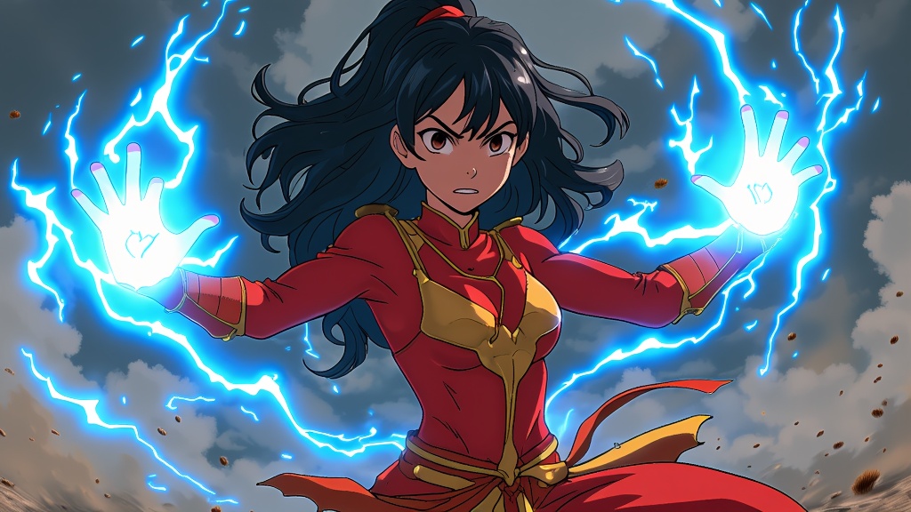 Azula, exuding confidence and menace, her eyes glowing with electric blue light as she showcases her dangerous lightning-bending skill.