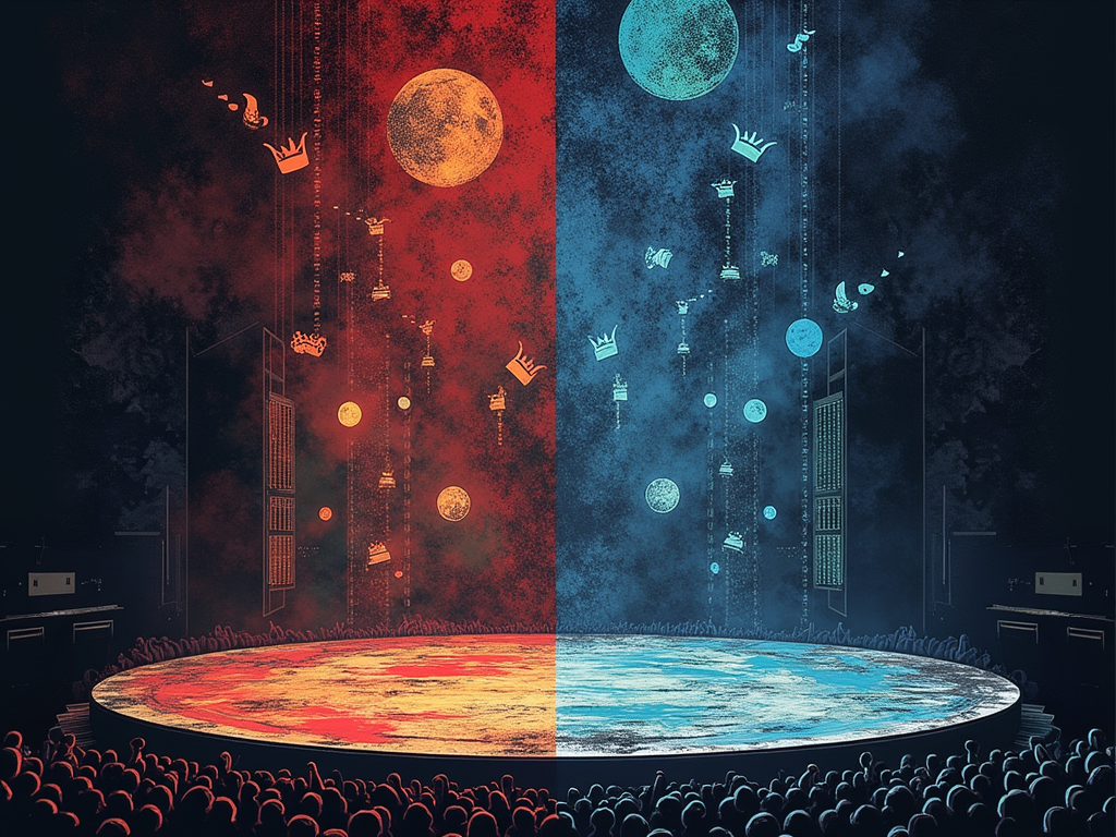 A stage split visually, one half themed to Kendrick (e.g., concrete textures, crowns), the other to SZA (e.g., water elements, moons). Abstract sound waves from both sides intertwine above.