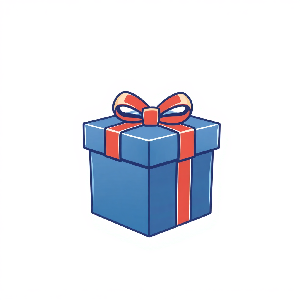 The image is a simple illustration of a blue gift box with a red ribbon tied in a bow on top. The box is rectangular in shape and appears to be made of a shiny material. The ribbon is tied in an orange and red color scheme, with the red ribbon on the top and the blue ribbon in the middle. The bow is symmetrical and has a small loop at the top for attaching it to the box. The background is white, making the blue and orange colors stand out.