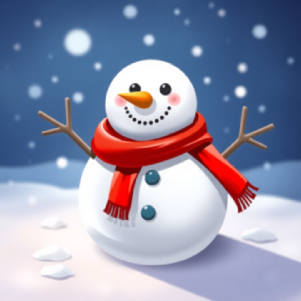 The image shows a snowman with a red scarf standing in the snow against a blue background. The snowman is surrounded by a blanket of white snow, creating a peaceful winter scene.