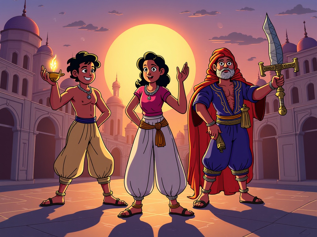 A dynamic ensemble concept: Aladdin, with a mischievous glint and holding the lamp; Sinbad, weathered and brandishing a scimitar; and Scheherazade, looking wise and holding an ancient tome, all posed against a backdrop of a fantastical Arabian cityscape at dusk.
