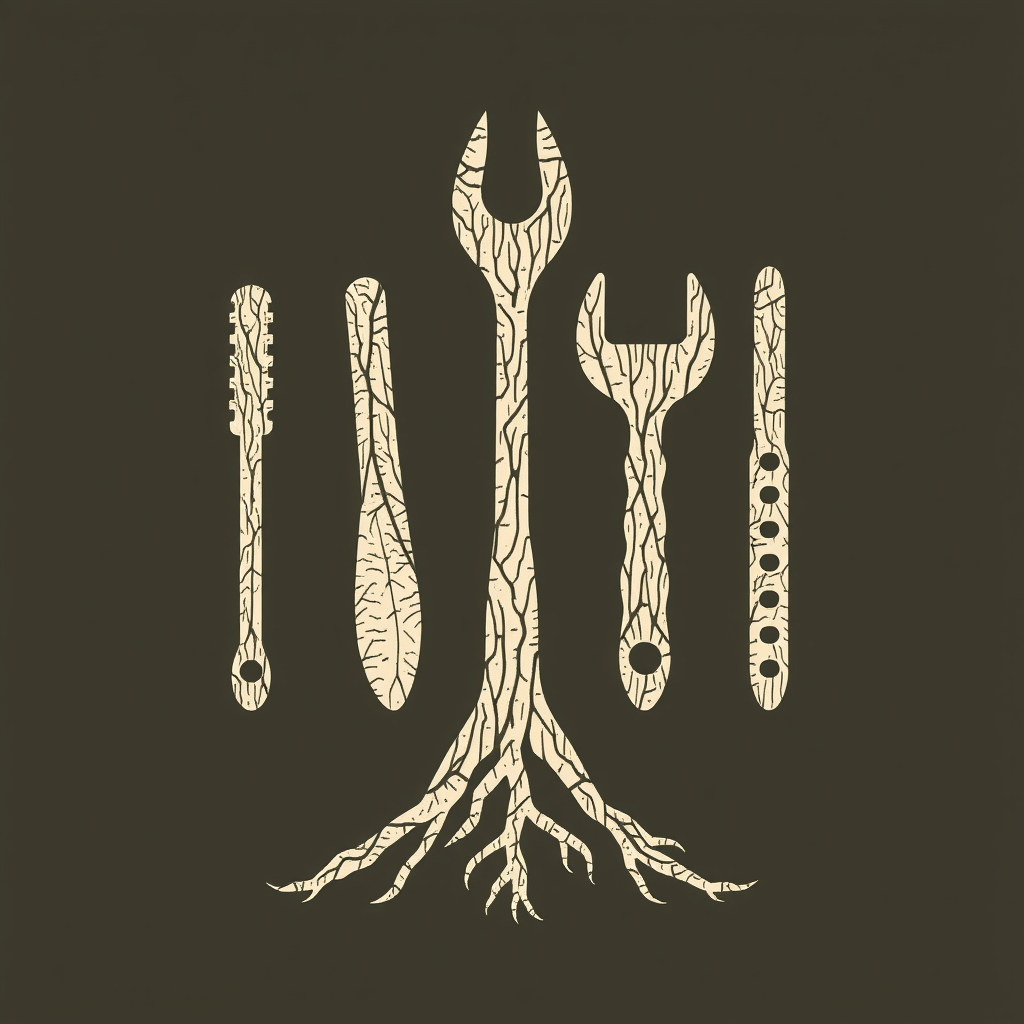 Create a design where the texture of tree bark is applied to the shapes of safety tools, with visible root patterns extending from the base of these tools, grounding them.