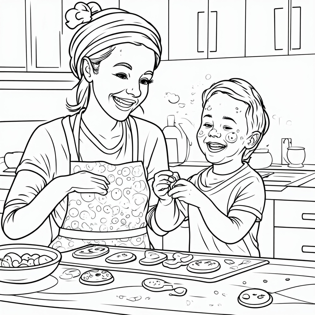 Joyful Kitchen Helpers: Depictions of a mother and child happily engaged in kitchen activities like baking cookies, decorating a cake, or making a simple meal together, emphasizing teamwork and fun.