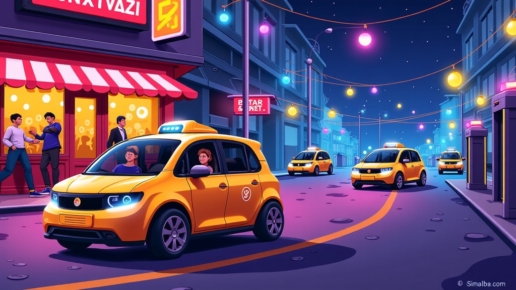 Night Service & Vehicle Rebalancing: An illustration depicting a robotaxi dropping off passengers in a vibrant nighttime city scene (e.g., near a restaurant or theatre), while in the background, other empty robotaxis are shown autonomously heading to charging stations or repositioning for optimal next-day service.