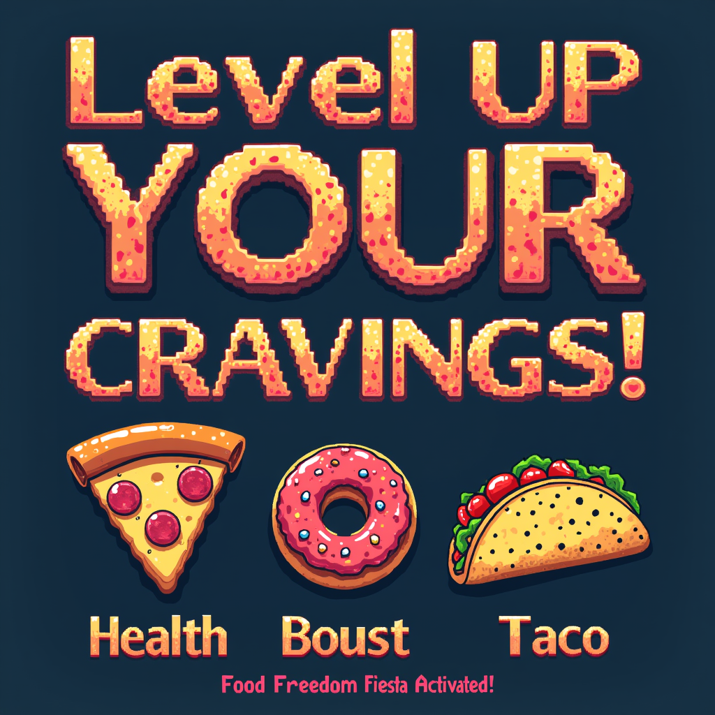 Retro Food Power-Ups: Design inspired by classic video game power-up icons, but with foods like a 'slice of pizza power-up,' 'donut health boost,' 'taco speed run.' Text: 'Level Up Your Cravings!' and 'Food Freedom Fiesta Activated!' in a pixelated or retro gaming font.