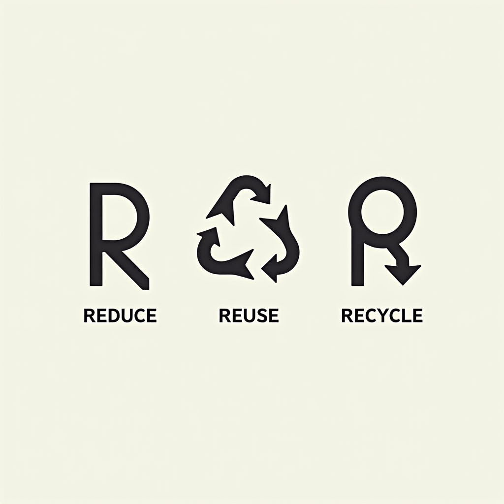 A core set of three distinct, ultra-minimalist line-art icons, one for each 'R' (Reduce, Reuse, Recycle), focusing on universally recognizable yet stylized shapes like a simple downward arrow, a refresh/loop arrow, and a basic three-arrow cycle, designed for clarity and impact on fabric.