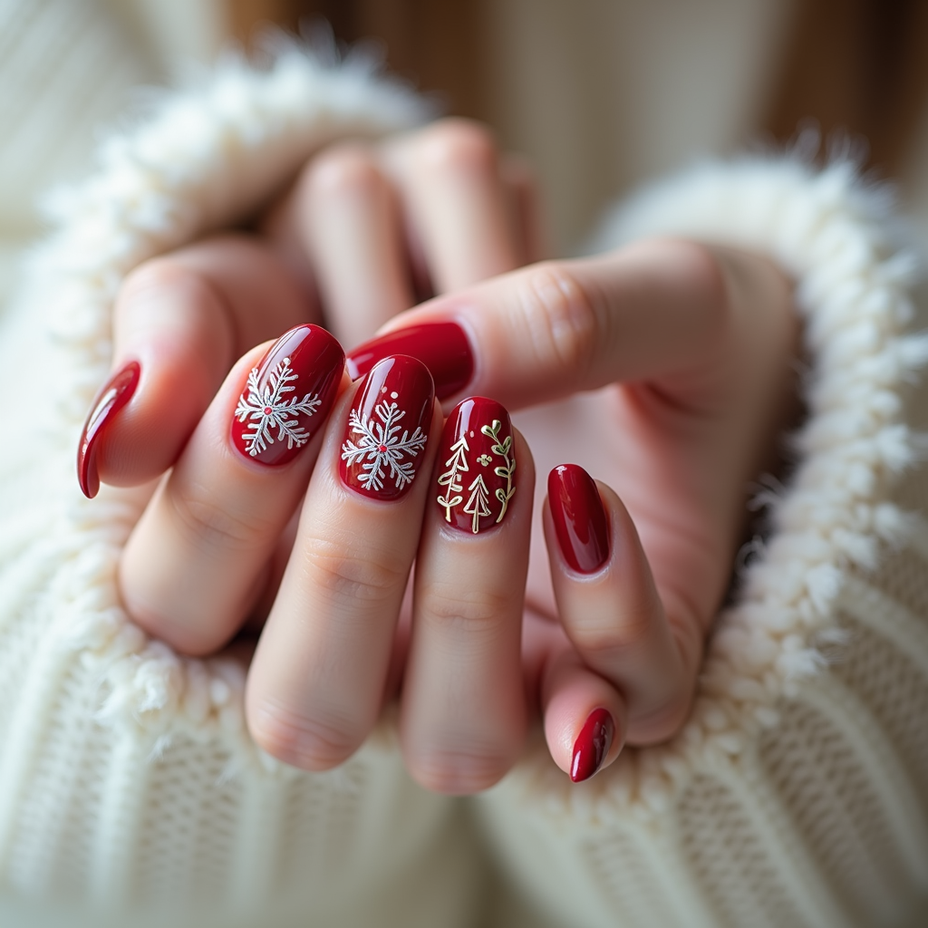  a close-up of a person's hand with their fingers slightly spread apart. The nails are painted with a red polish and have a white design on each ring finger. The design appears to be a snowflake or a Christmas tree. The person is wearing a white sweater with a fluffy texture. The background is blurred, so the focus is on the hand and the nails.