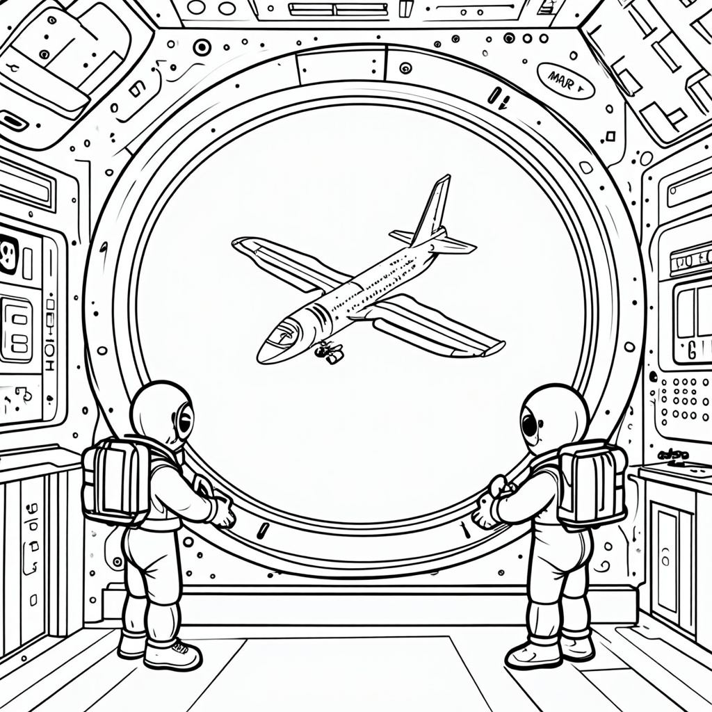 An interior view from the ISS, looking out a window as the Starliner completes its docking. Astronaut figures could be outlined, observing the event.