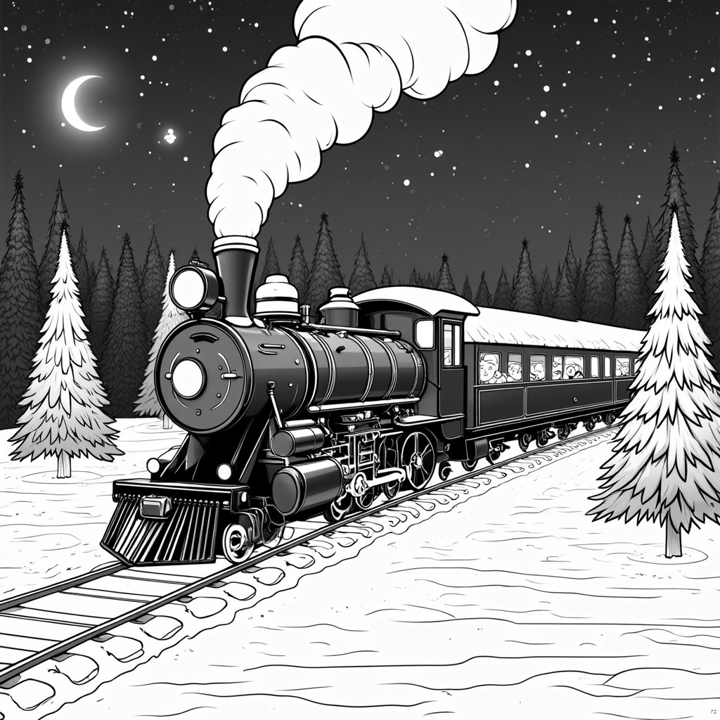 The image shows a black and white illustration of a train traveling through a snowy forest at night. The train is surrounded by trees and the sky is filled with stars and a crescent moon. Smoke is billowing from the engine as it moves along the tracks.