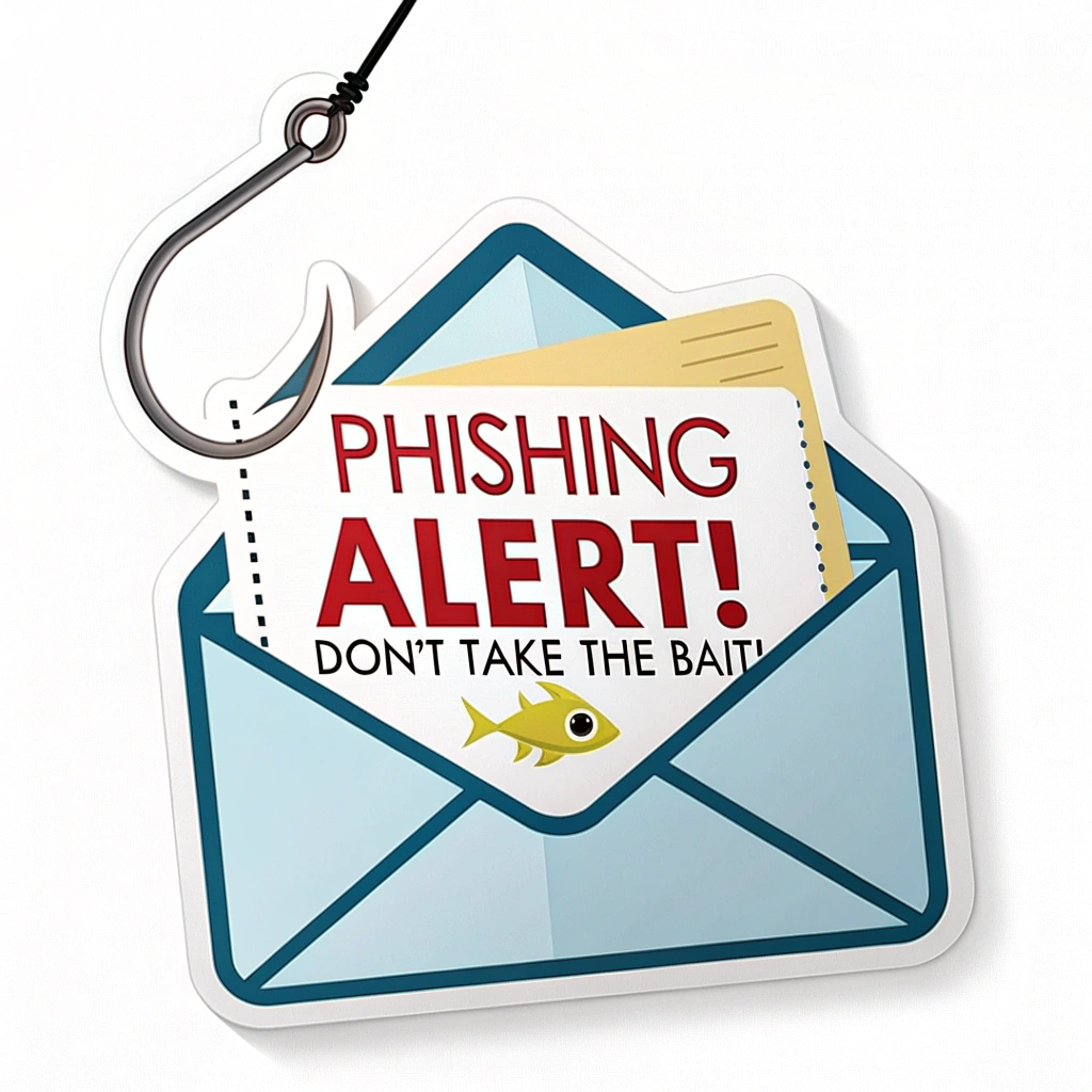 Hooked Email Alert: A fishing hook snagging a digital email envelope. Text: 'Phishing Alert! Don't Take the Bait!'. Consider using prominent alert colors like red or yellow combined with tech blues or greys.