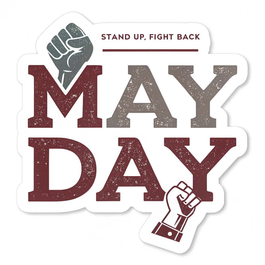 Simple Logo Idea: A logo concept where 'May Day' is written in a bold, stencil-like font. A small protest sign silhouette, bearing 'Stand Up, Fight Back' or a fist graphic, is integrated, perhaps replacing a letter (e.g., the 'A' in May) or positioned alongside the text.