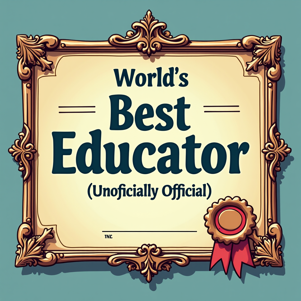 Official-Looking 'Unofficial' Award: Design the layout like a mock certificate or award ribbon. 'World's Best Educator' as the main title, with '(Unofficially Official)' as a humorous 'awarding body' or fine print, possibly with a faux seal or emblem.