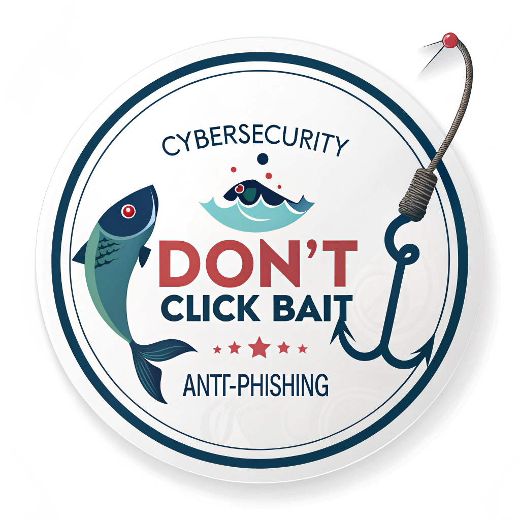 Translated from input (English): Cybersecurity Sticker Designs - Anti-Phishing: 'Don't Click Bait' Fish Hook