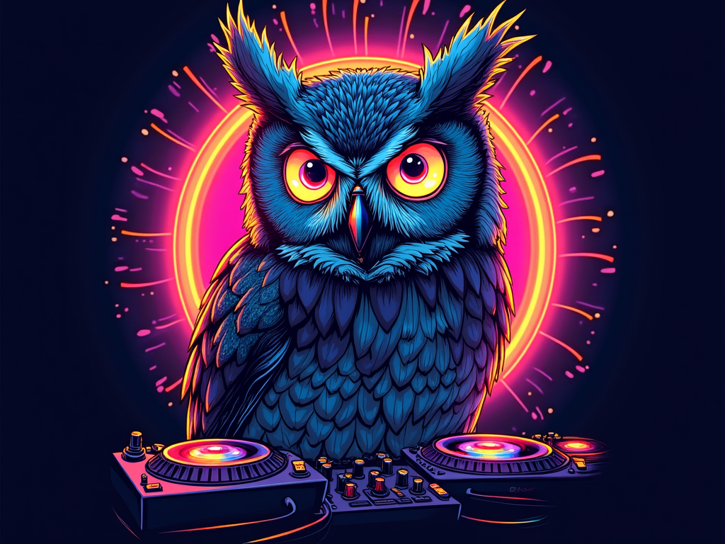 Psychedelic Feathered Frequencies: A vibrant owl portrait where individual feathers are stylized as flowing soundwaves or abstract frequency lines. Its eyes could be kaleidoscopic or resemble DJ platters, amidst a swirling, colorful light trail background.