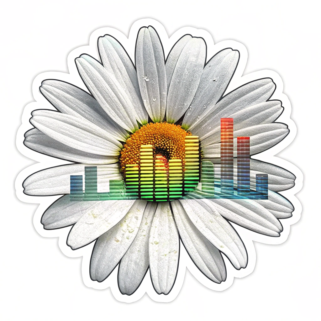 A geometric daisy design where each petal is a segment of an audio equalizer bar, lighting up in sequence or pulsing to an imagined beat. The overall shape is a daisy, but constructed from these light bars.