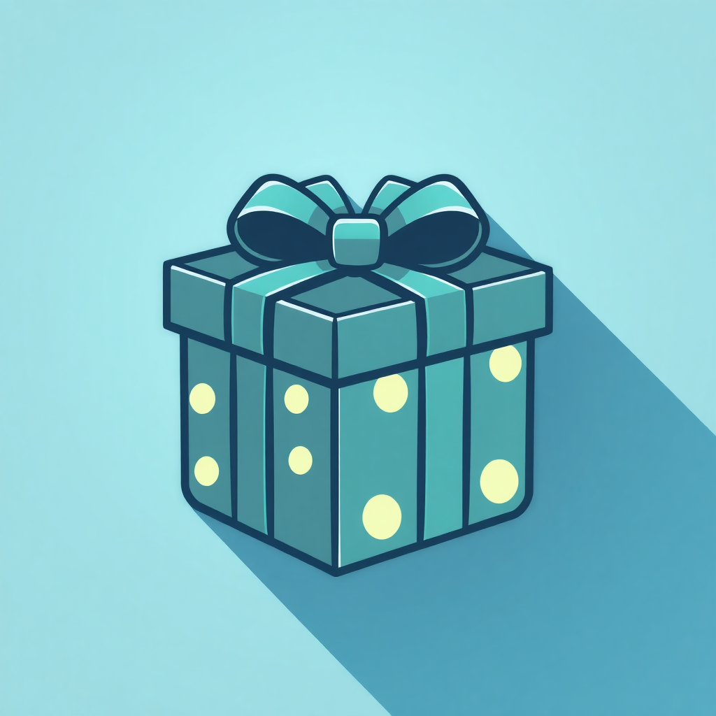 The image is a digital illustration of a gift box. The box is rectangular in shape and has a blue ribbon tied in a bow on top. The ribbon is tied in an elegant manner with a small loop at the top. Inside the box, there are small yellow polka dots arranged in a grid-like pattern. The background is a light blue color, and the box is outlined in black. The overall design is simple and minimalistic.