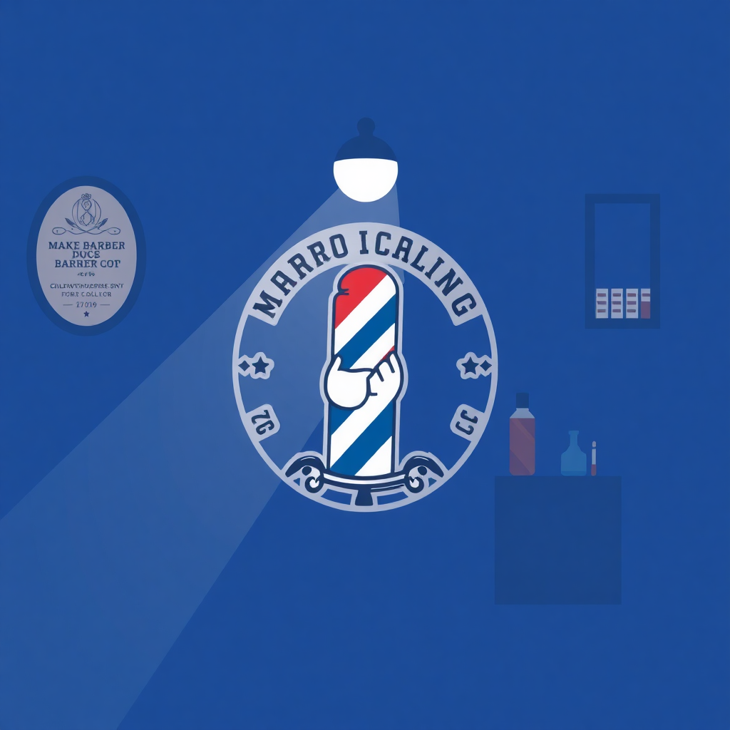 The image is a graphic design for a barber shop called Marco Icing. The background is a solid blue color with a white border. In the center of the image, there is a circular logo with the words Marco Icing written in a bold, cursive font. The logo features a red, white, and blue striped barber pole with a pair of scissors in the middle. Above the pole, there are two stars and a banner with the same text. On the right side of the logo, there appears to be a small shelf with various barber tools and supplies. The overall design is simple and minimalistic.