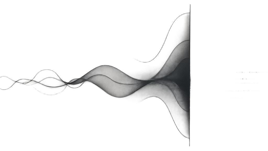 A particle visualized as a wave approaching a rectangular barrier. The wave's amplitude diminishes as it 'tunnels' through, emerging with a smaller amplitude on the other side. Fading or dotted lines within the barrier can represent the wave function's decay.