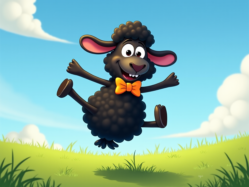 The image shows a cartoon black sheep jumping in the air with a bow tie, surrounded by lush green grass and a bright blue sky with white fluffy clouds.